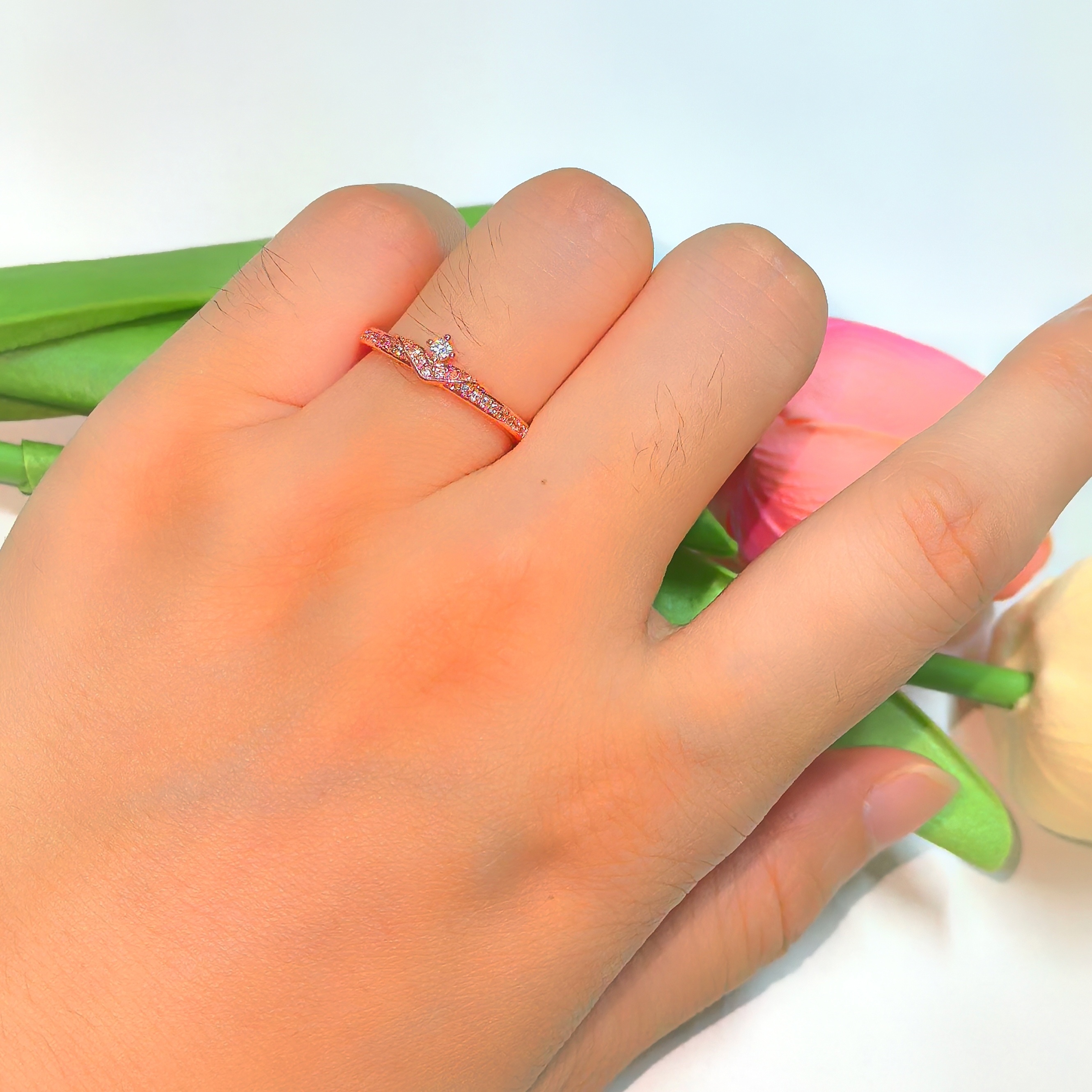 Adjustable CZ Classic Ring Rose/Silver Color